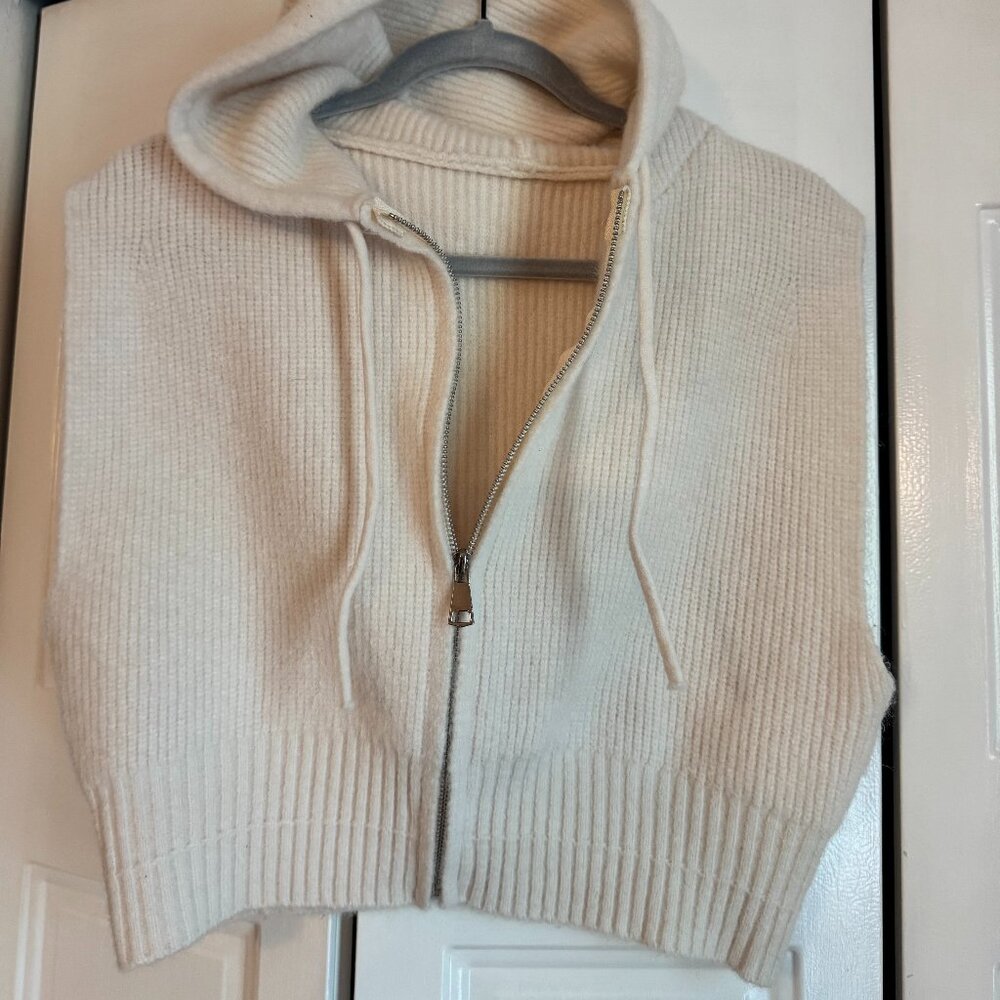 Crop Knit Zip Up Cream Sleeveless Hoodie - Commense - Size M